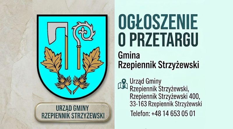 Grafika informacyjna: Ogłoszenie o przetargu Gminy Rzepiennik Strzyżewski. Po lewej herb gminy, po prawej dane adresowe: Rzepiennik Strzyżewski 400, 33-163 Rzepiennik Strzyżewski, telefon +48 14 653 05 01