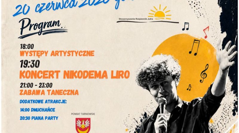 Letnie Brzmienie – Koncert Nikodema Liro, zabawa taneczna – 20.06.2026 r. stadion sportowy w Olszynach
