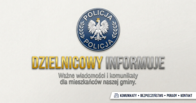 Baner informacyjny Policji z logo i napisem „Dzielnicowy informuje - Ważne wiadomości i komunikaty dla mieszkańców naszej gminy”.