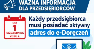 Baner informacyjny: Ważna informacja dla przedsiębiorców. Od 1 października 2026 r. każdy przedsiębiorca musi posiadać aktywny adres do e-Doręczeń