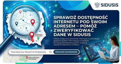 Oto propozycja tekstu alternatywnego (ALT) oraz rozszerzonego opisu dla wygenerowanego baneru: Tekst alternatywny (ALT): Baner informacyjny systemu SIDUSIS dotyczący sprawdzania dostępności Internetu z widoczną mapą Polski i polem wyszukiwania adresu.