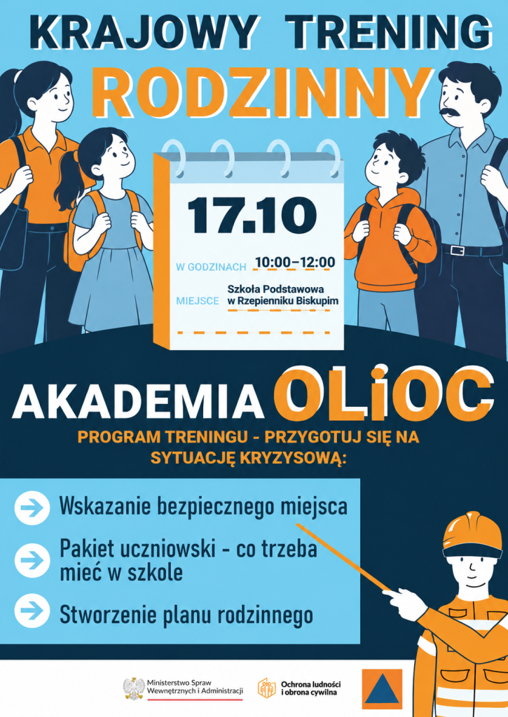 Plakat informacyjny „Krajowy Trening Rodzinny – Akademia OLiOC”, zapowiadający wydarzenie w dniu 17 października w godzinach 10:00–12:00 w Szkole Podstawowej w Rzepienniku Biskupim. Program obejmuje przygotowanie do sytuacji kryzysowych.